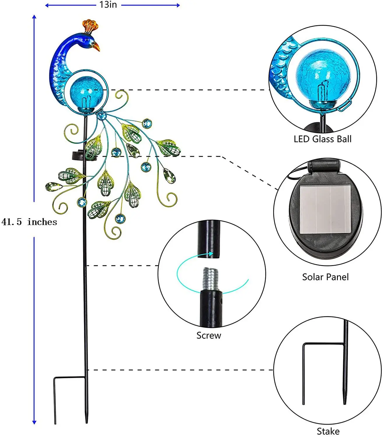 Liffy Outdoor Decor Bird Light Solar Stake Metal Garden Ornaments Solar Peacock Garden Stake