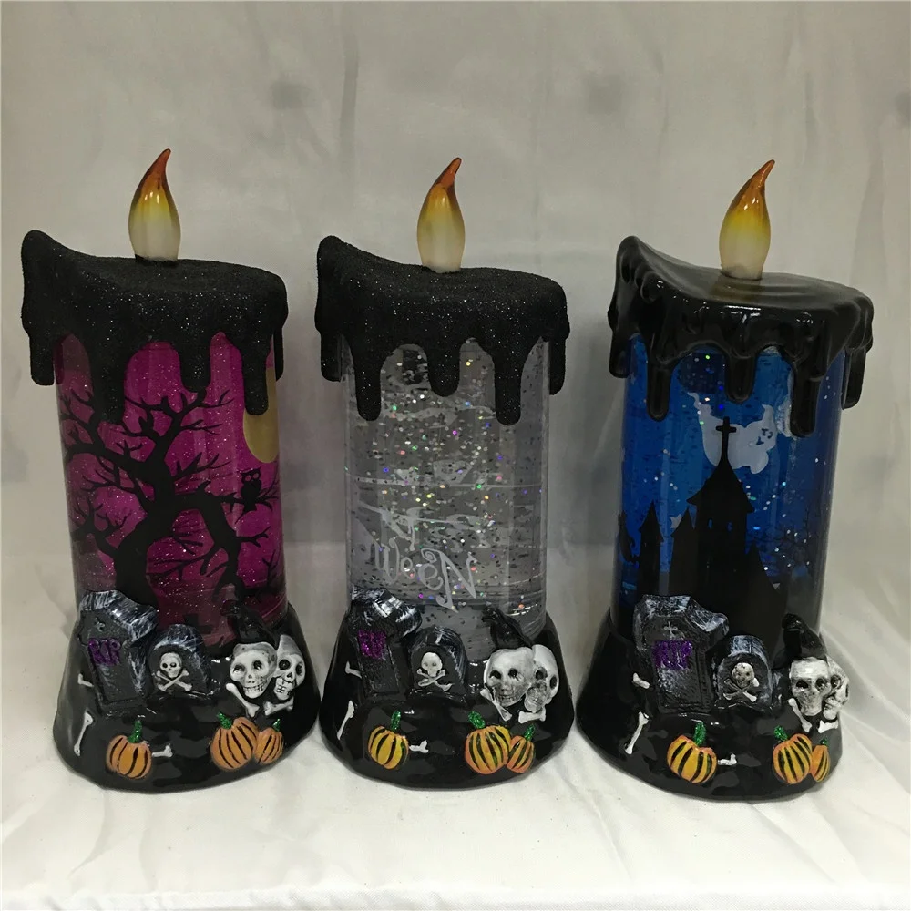 
Battery Operated RGB LED Light Up Glitter Water Filled Tombstone Base Halloween Led Candle 