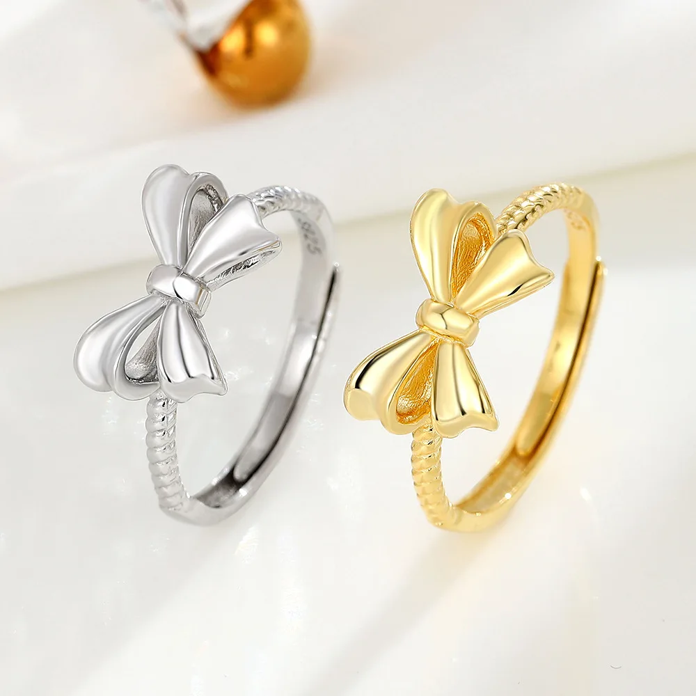 Ins Delicate Gold Plated Smooth Bow Shape Band Rings S925 Sterling Silver High Polished Bowknot Rings
