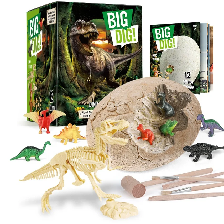 Dinosaur world toy archaeological excavation dig out dinosaur fossil and skeleton digging egg toy with 12 dino and dig tools kit