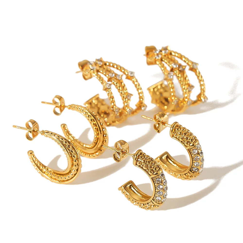 French Geometric Inset Diamond C Shaped Earrings Titanium Steel 18K Gold Plated Delicate Earring For Women