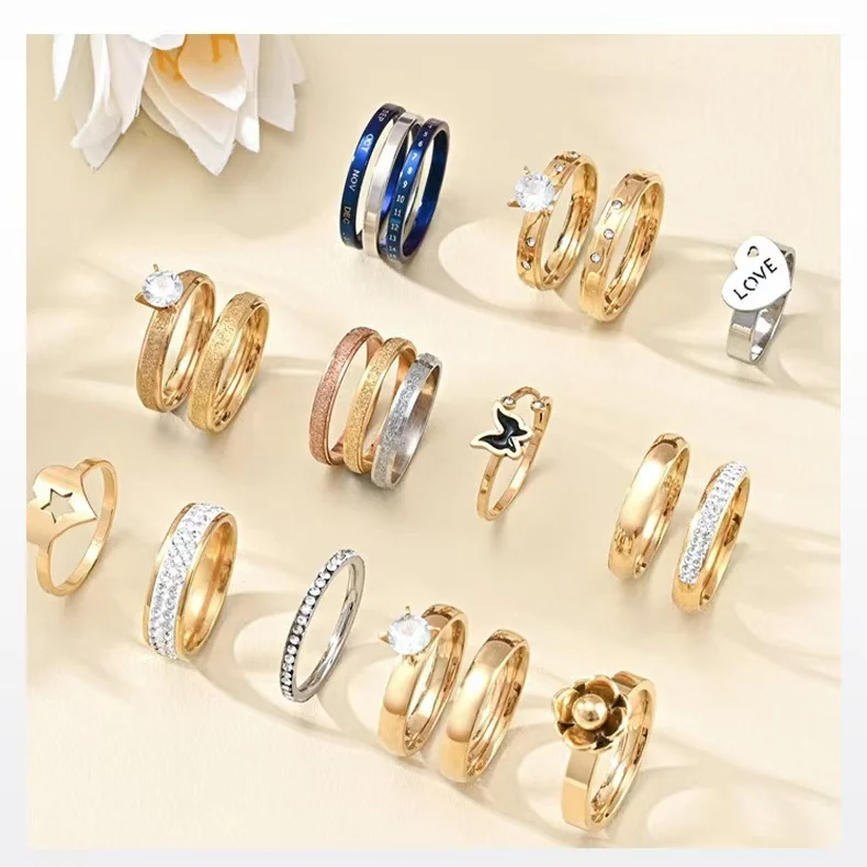 Wholesale stainless steel ring fashion light luxury couple zircon ring 18K titanium steel ladies butterfly set ring