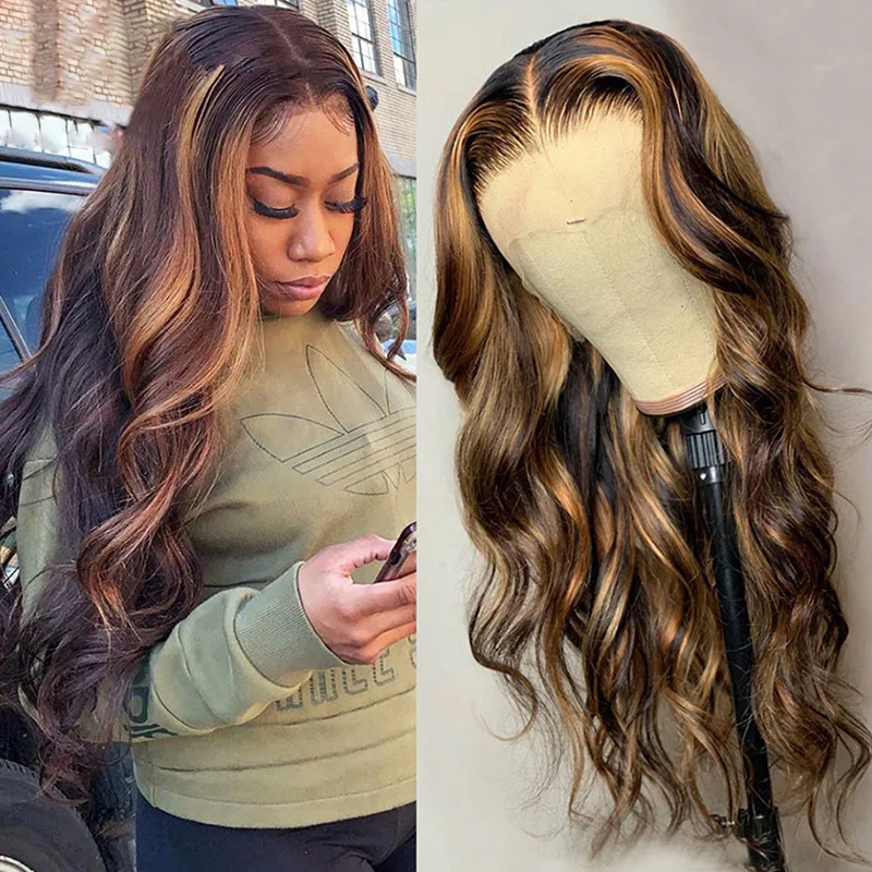 
Highlight Lace Front Wig Piano Color 4/27 Body Wave Front Lace Ombre Human Hair Wig Vendors Pre Plucked Lace Frontal Wigs 