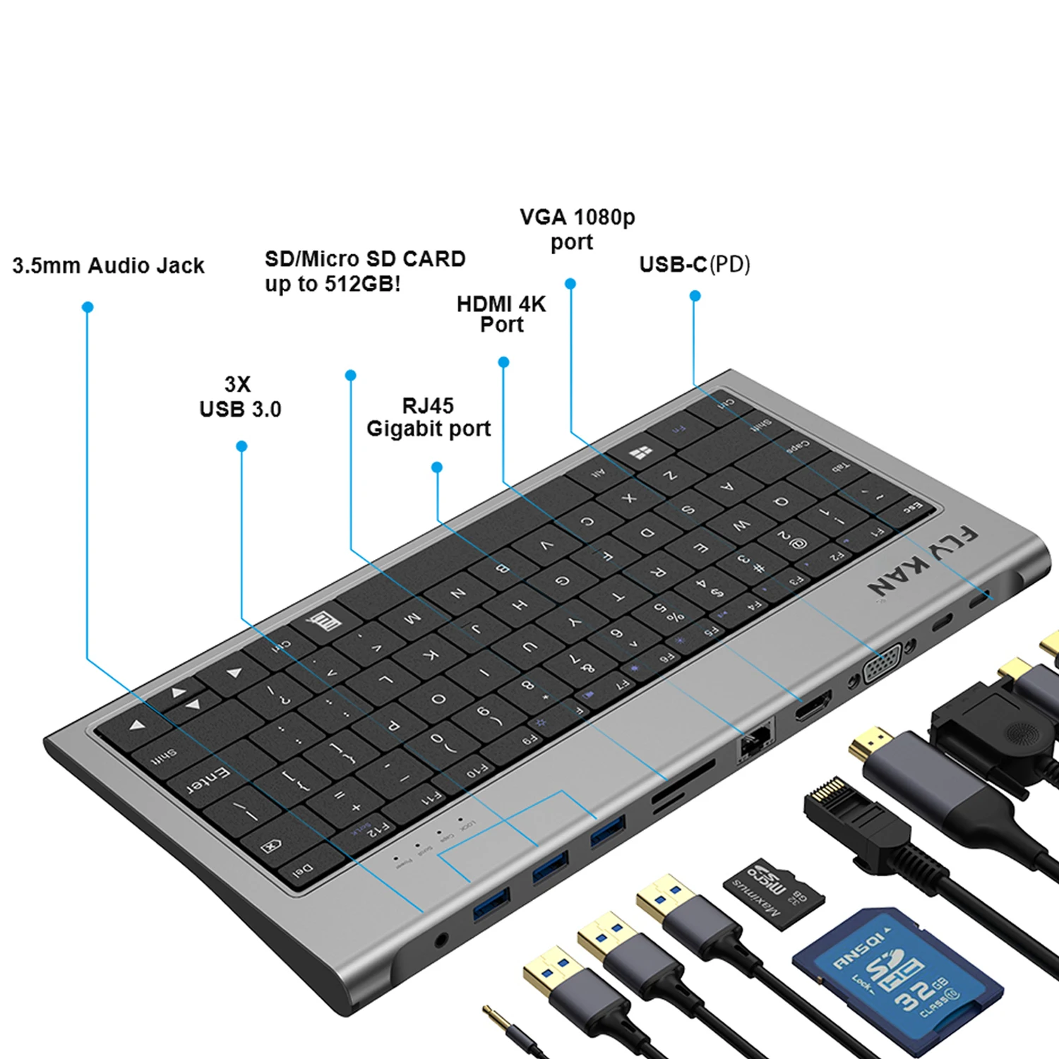 Flykan USB-C клавиатура док Station-78keys-11in 1 (100w PD 4K * 2K HD USB3.0 концентратор x 3 Gigabit LAN) -