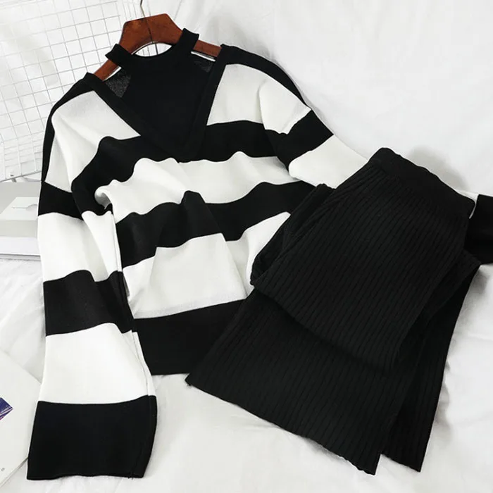TZ071  New 2023 Autumn Two Pieces Set Halter Neck Striped Knitted Tops Sweater + Wide Leg Pants Set Clothing Wholesale 10