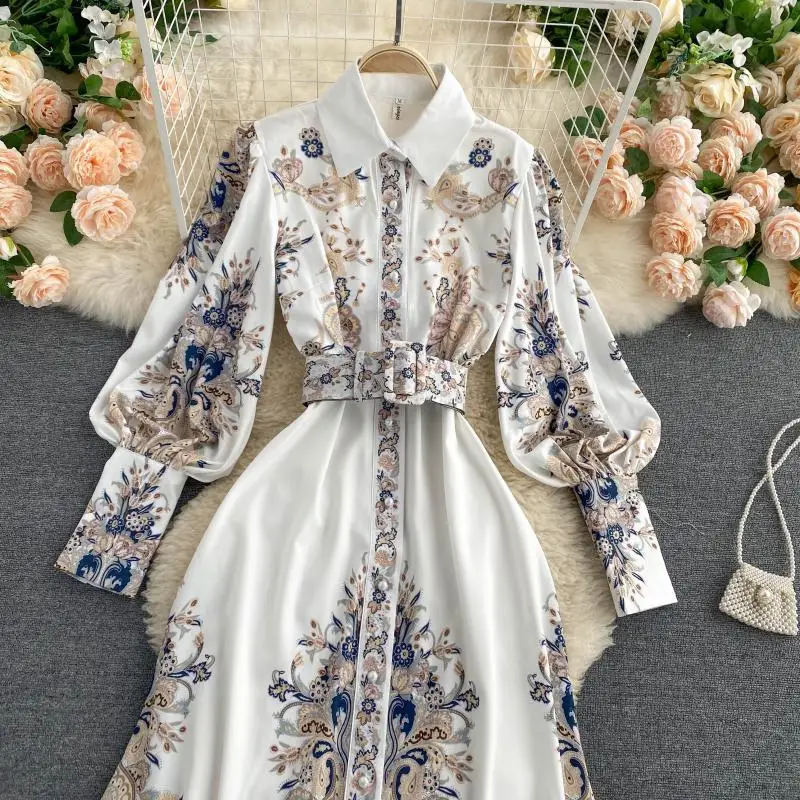 Dress Long Women Retro printing temperament shirt collar fashionable bubble sleeves slim long dress