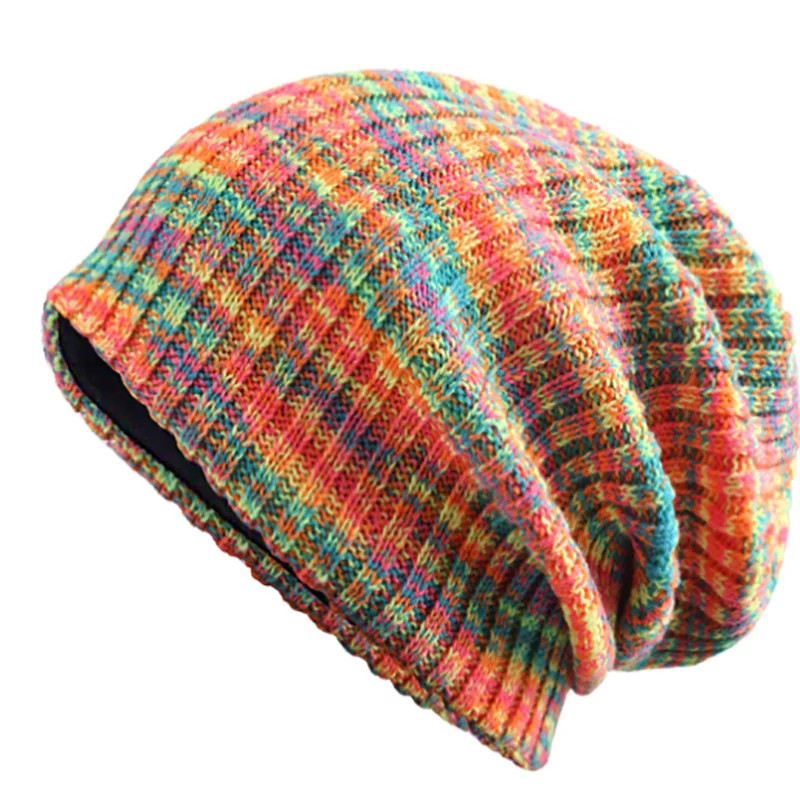 European And American Autumn And Winter Pile Hat Mixed Color Knitted Wool Hat Double Layer Fleece Warm Pullover Hat Couple Model