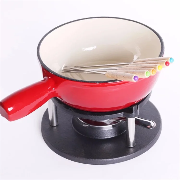 Bright Houseware Hot Sale High Quality Cookware Set Cast Iron Fondue Pot Cheese Chocolate Fondue Set Melting Pot with Forks