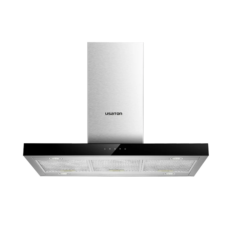 Simple style T-shape low noise touch control island chimney hood led light competitive price kitchen extractor range hood