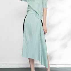 New polyester fabric two-color stitching slit irregular pleatedskirt