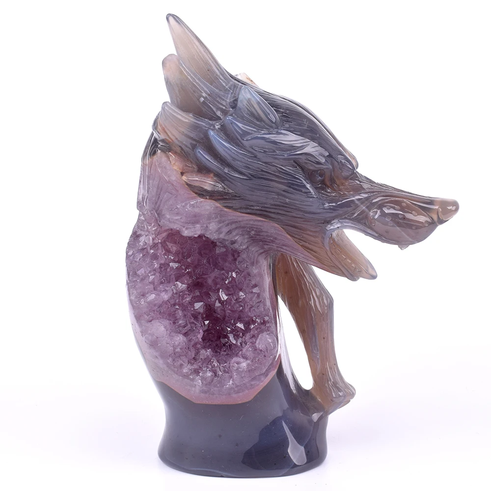 Exquisite Hand Carved Agate Amethyst Geode  Crystal crafts Carved Statue Crystal Wolf SKull Carvings for Garden home decoration