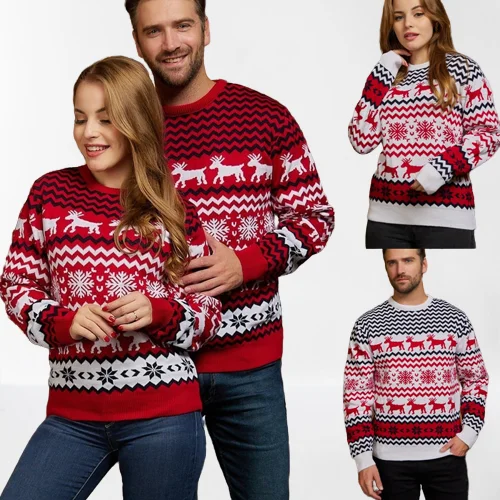 Wholesale couple clothing set sweater for men winter oversized pullover deer jacquard new year custom ugly christmas sweaters