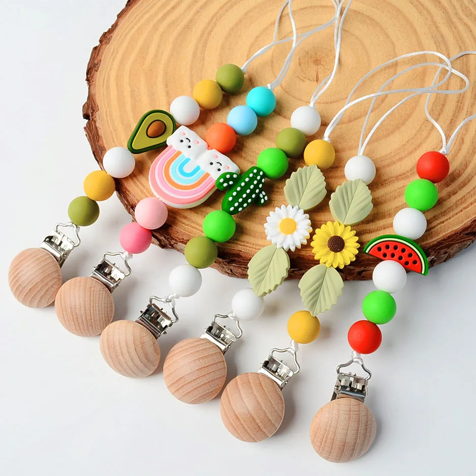 Pacifier Clip Holder Beech Wood Clips Silicone Beads Avocado Cactus Soothies Teething Toy M3634