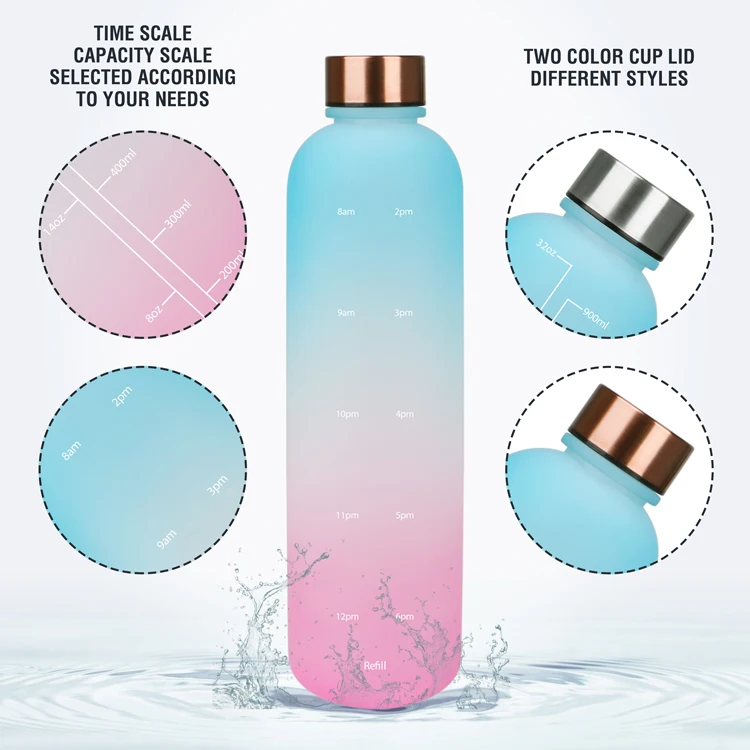 K & B 1L Large Capacity Plastic Gym Water Bottle Custom Matte Sport Water Bottle With Time Marker