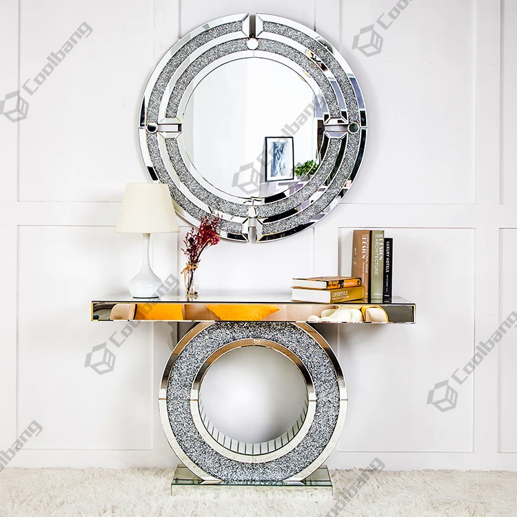 Coolbang Hallway Modern Crushed Diamond Mirrored Console Table With Mirror