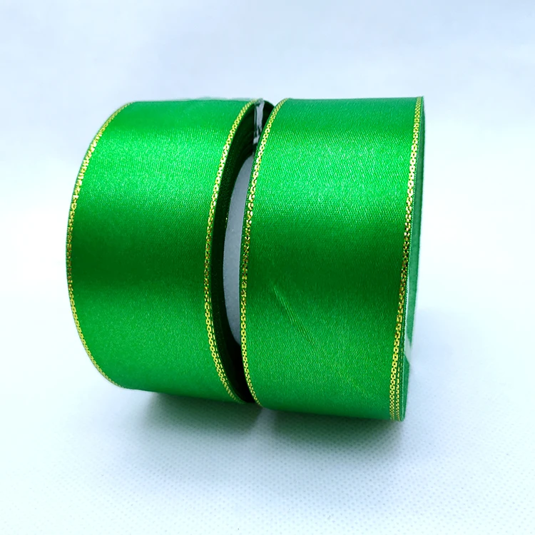 4cm Christmas Decoration Double Face Metallic Woven Gold Edged Polyester Satin Ribbon