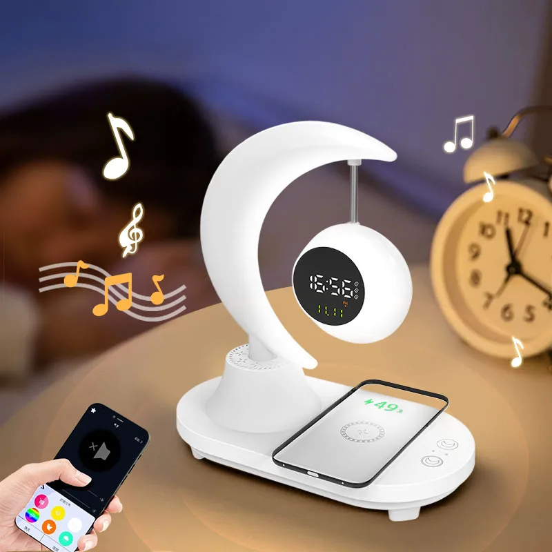 New Arrival Modern LED Music Ambient Lights Wireless Charging Smart Desk Lamp With BT Speaker Time Date Week Display Function