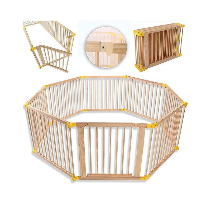 Custom Hexagonal Foldable Baby Playpen New Zealand Pine Crawling Guardrail Indoor Baby Playpen With Gate