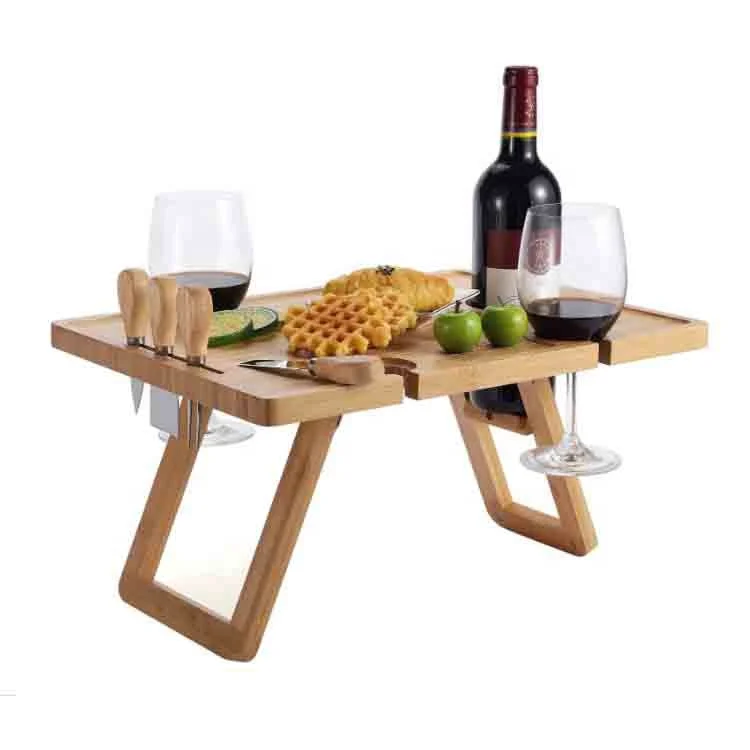 Portable Foldable Bamboo Wood Picnic Table With Wine Bottle, Glass Holder and Knife Set