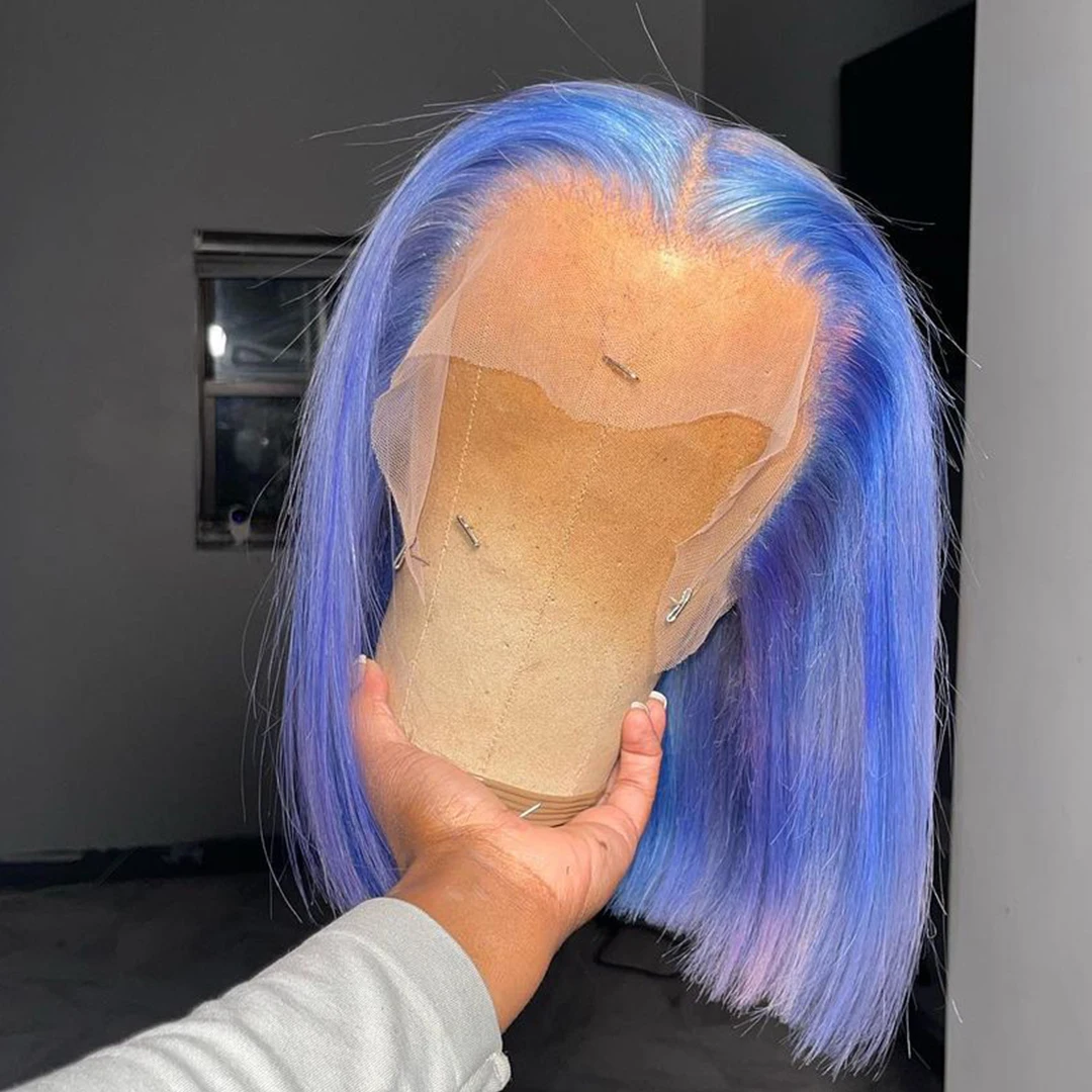 Cheap Blue Colored Short Bob Wigs Human Hair Lace Front Full Lace Human Hair Wigs transparent Brazilian Hair Hd Lace Frontal Wig
