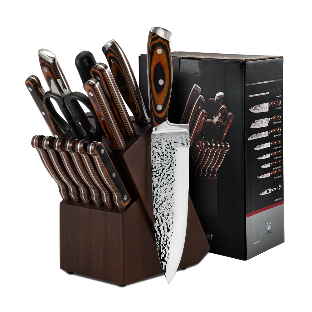 Набор ножей, 15 шт., набор кухонных ножей из дамасской стали с деревянным блоком, немецкий набор профессиональных ножей шеф-повара из высокоуглеродистой стали