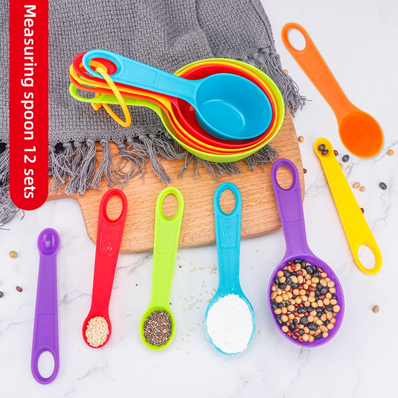 Colorful 12Pcs With Measurement Kitchen Baking Plastic Measuring Cup And Spoon Set For Cooking Dry And Liquid Ingredient