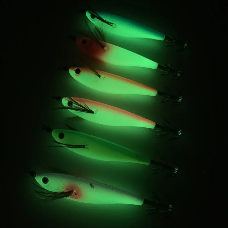 New 3+7 OEM 10cm 9g Glow Wooden Shrimp squid cuttlefish bait with japan tube hook Light Up Prawn Live Shrimp Fishing Lures