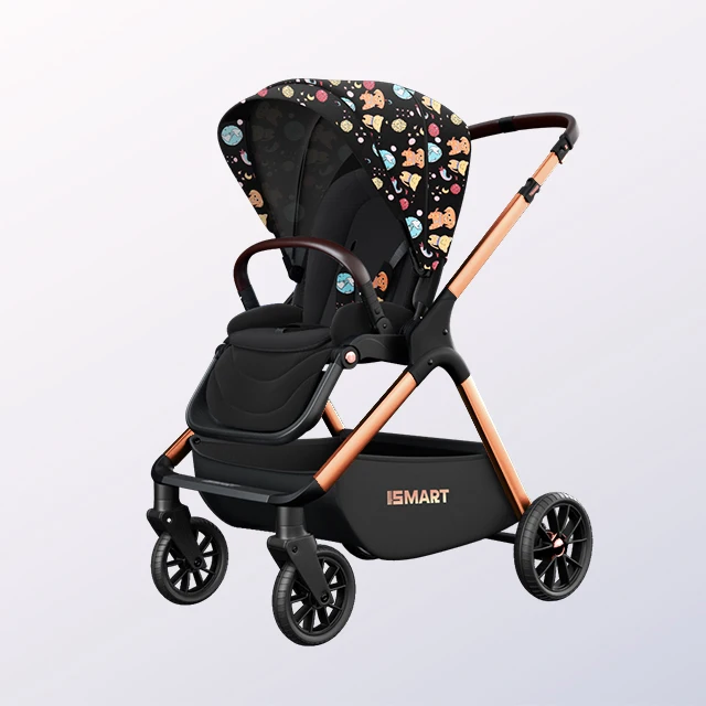 Коляска Smart, компактная коляска, коляска с высоким обзором, Классические детские коляски, коляска с золотой оправой, Черная