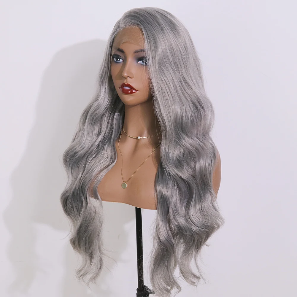  Серый синтетический парик на сетке с длинной волной прозрачный спереди гребнем фронтальный Серебряный мягкий высокое качество