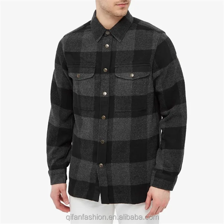 Custom 2 chest pockets press stud closure flannel wool checked overshirt for men