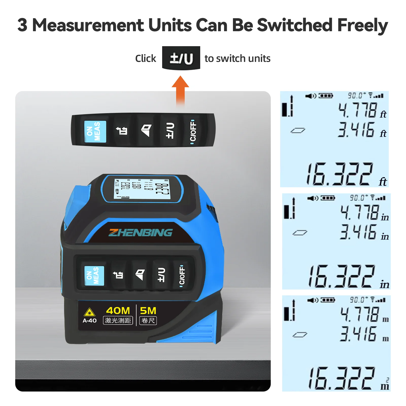 ZHENBING 5m Tape Measure LCD Display Distance Meter Building Area Surveying Equipment Laser Tape Measure Selflocking Steel Ruler