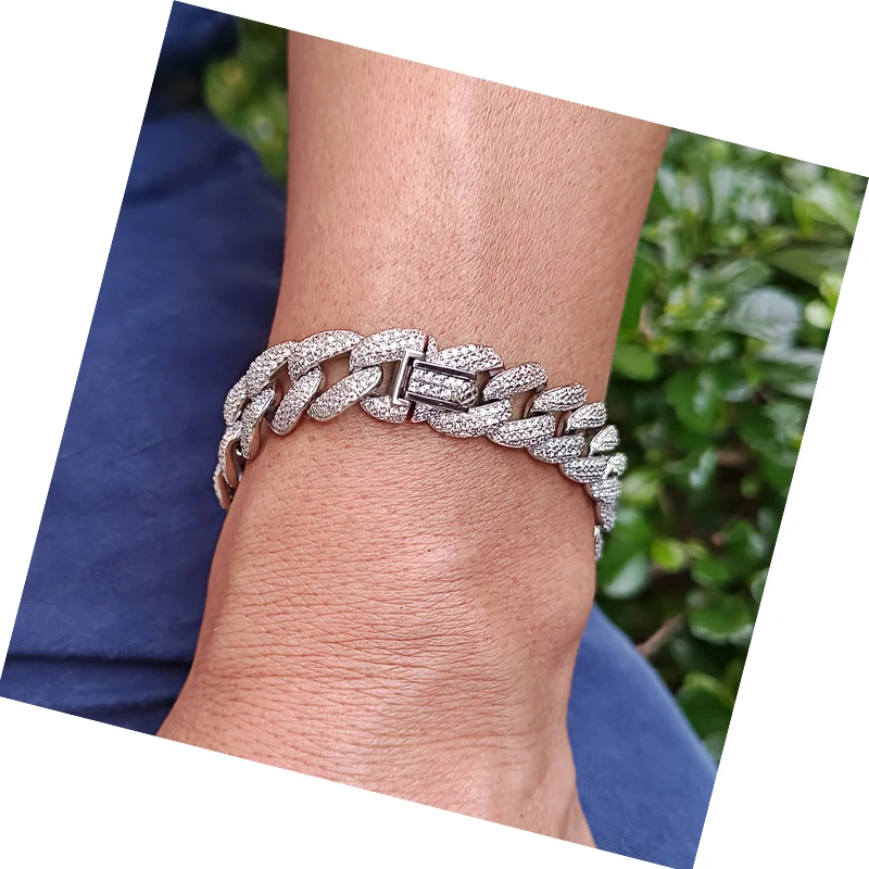 925 10MM Moissanite CZ Cuban Link Bracelet Fine Jewelry Miami IcedOut Custom Unisex Pure Sterling Silver Cuban Bracelet For Gift