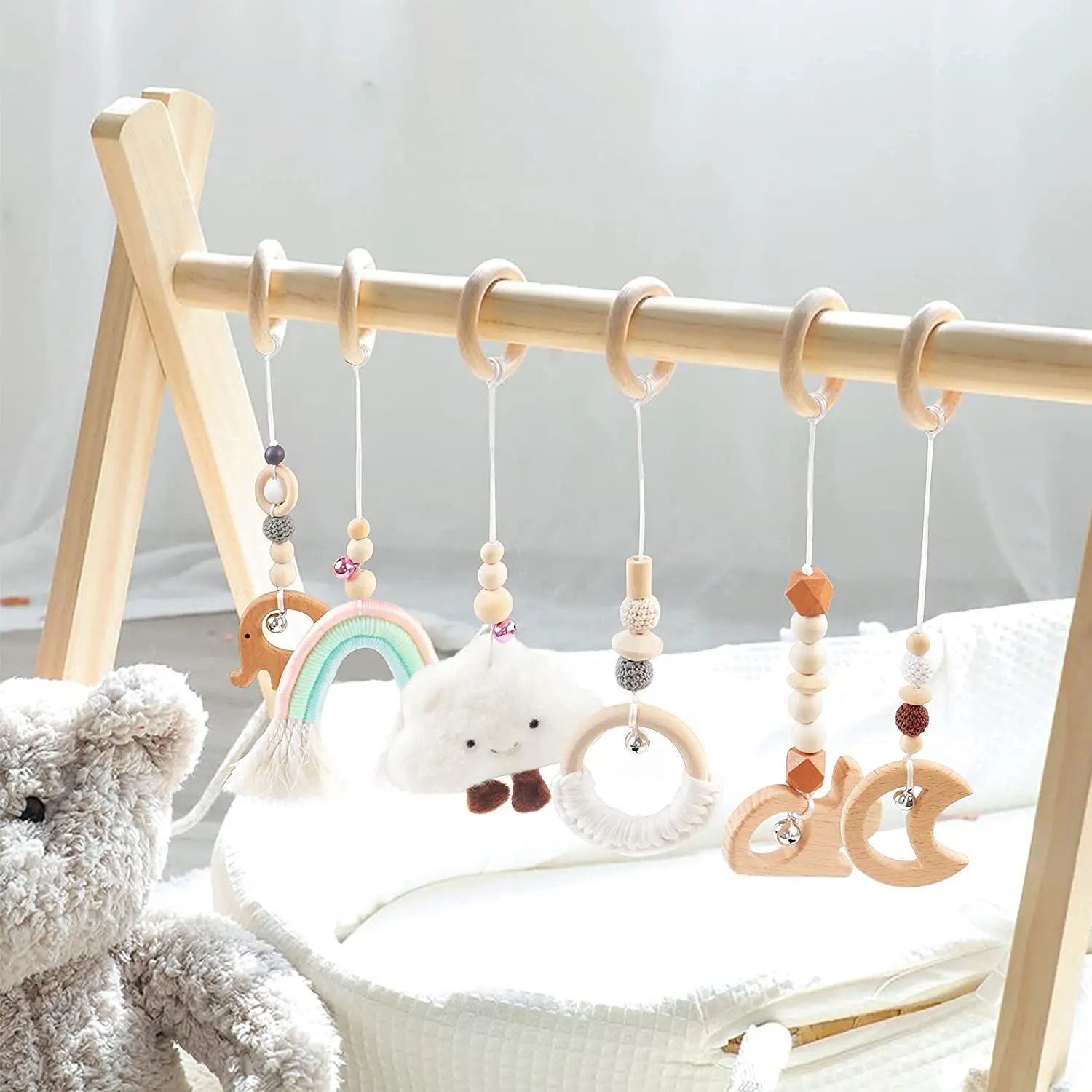 Wood Play Gym Baby Montessori Gym with Teething Toys Foldable Frame Activity Play Mat With Hanging Crochet Dolls Beech Play Gym