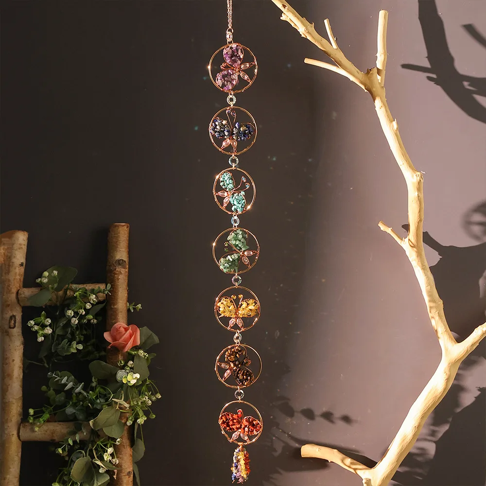 Natural Stone Butterfly 7 Chakra Stones Healing Crystals Dream Catcher Windchime Wall Decor Hanging Ornament