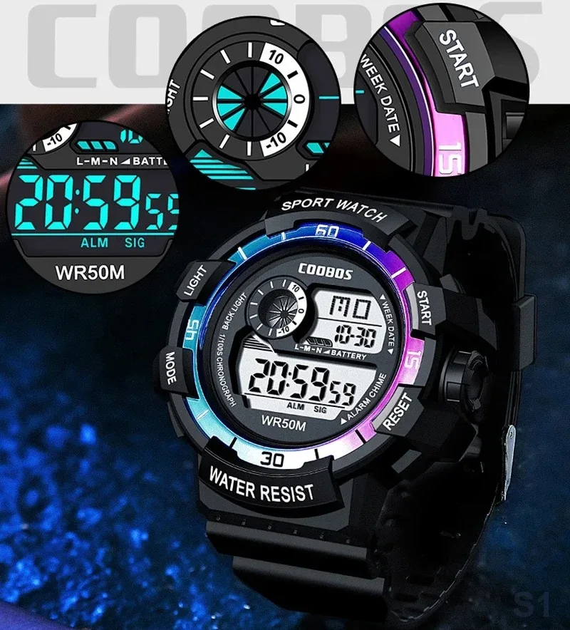 Man Multifunction Colorful Digital Clock Fashion Sport LED Electronic Watches For Men Luxury Waterproof Luminous Military Watch