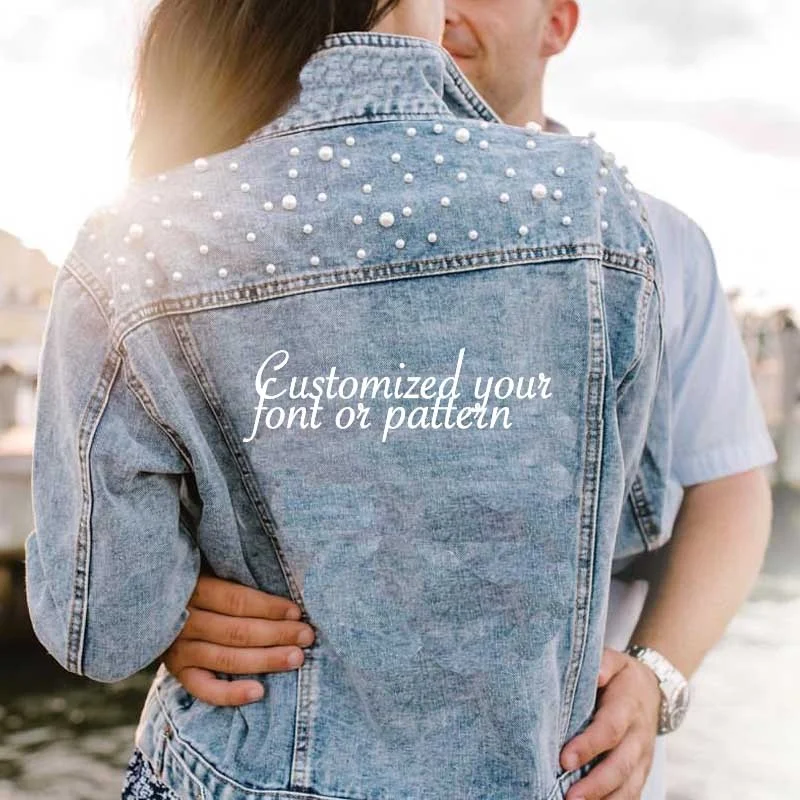 Spring Autumn Basic Coats Women Bridal Denim Pearls Beading Fashion Jean Pearl Jacket
