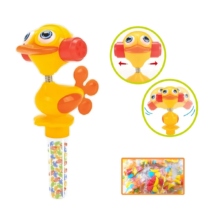 Lovely cartoon duck shake whistle toys candies sounds funny tube filled candy toy for kids