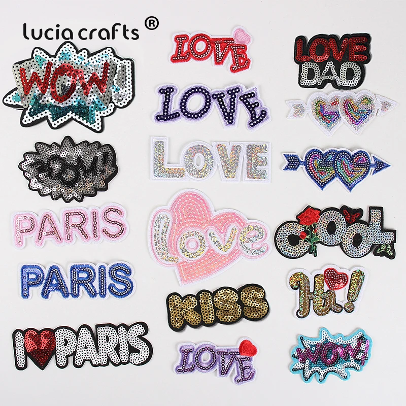 Random Mixed Letter Love Shiny Sequin Patches Iron On Patches Badge Clothes Backpack DIY Stripe Applique Crafts L0417