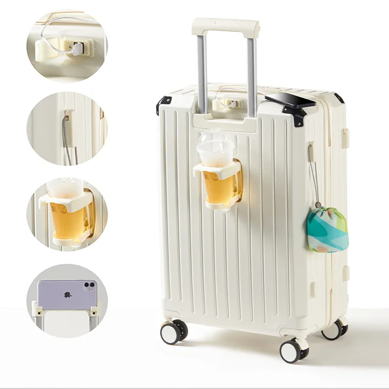 20 24 28 Custom Cabin Luggage Cup Holder Travel Trolly With Usb Charger & Portable Suitcase Luggage Female