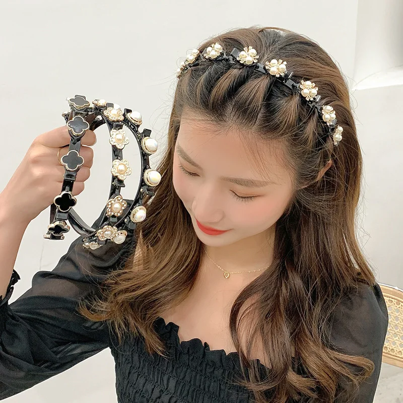 New Design Double Layer Pearl Rhinestones Headband Flower Lazy Makeup Headband With Clip Women Bling Hair Accessories