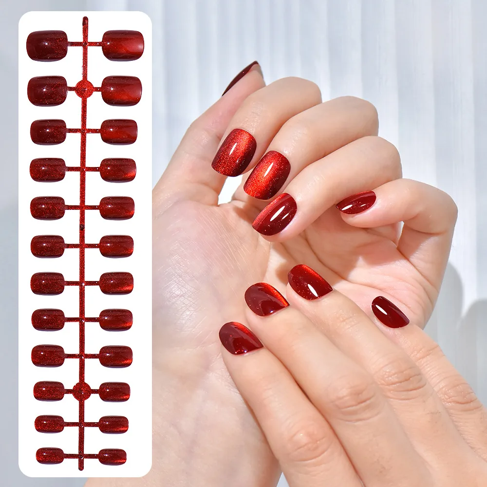 24 Pcs/Strip Square Cat Eye Press On Nail Tips Champagne Glittering Artificial Nails Red Cat Eye False Nails