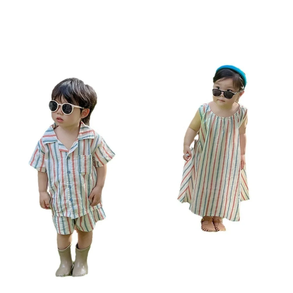 2024 summer Korean set striped striped sundress short-sleeved shorts two-piece sister-brother travel suit