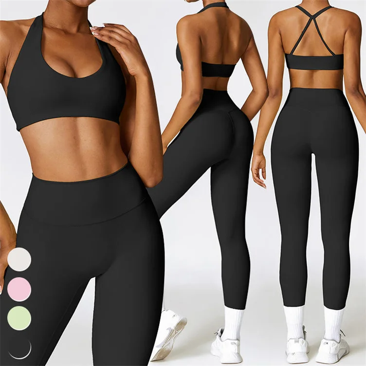 Customize Logo Exercise Twist Sexy Sports Bra High Waist Leggings 2 Piece Suit Women Gym Fitness Sets Yoga Set