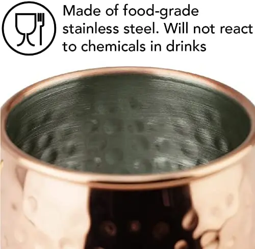 Moscow Mule Mugs  Large Size 19 ounces Set of 4 Hammered Cups Stainless Steel Lining Pure Copper Plating Gold Brass Handles