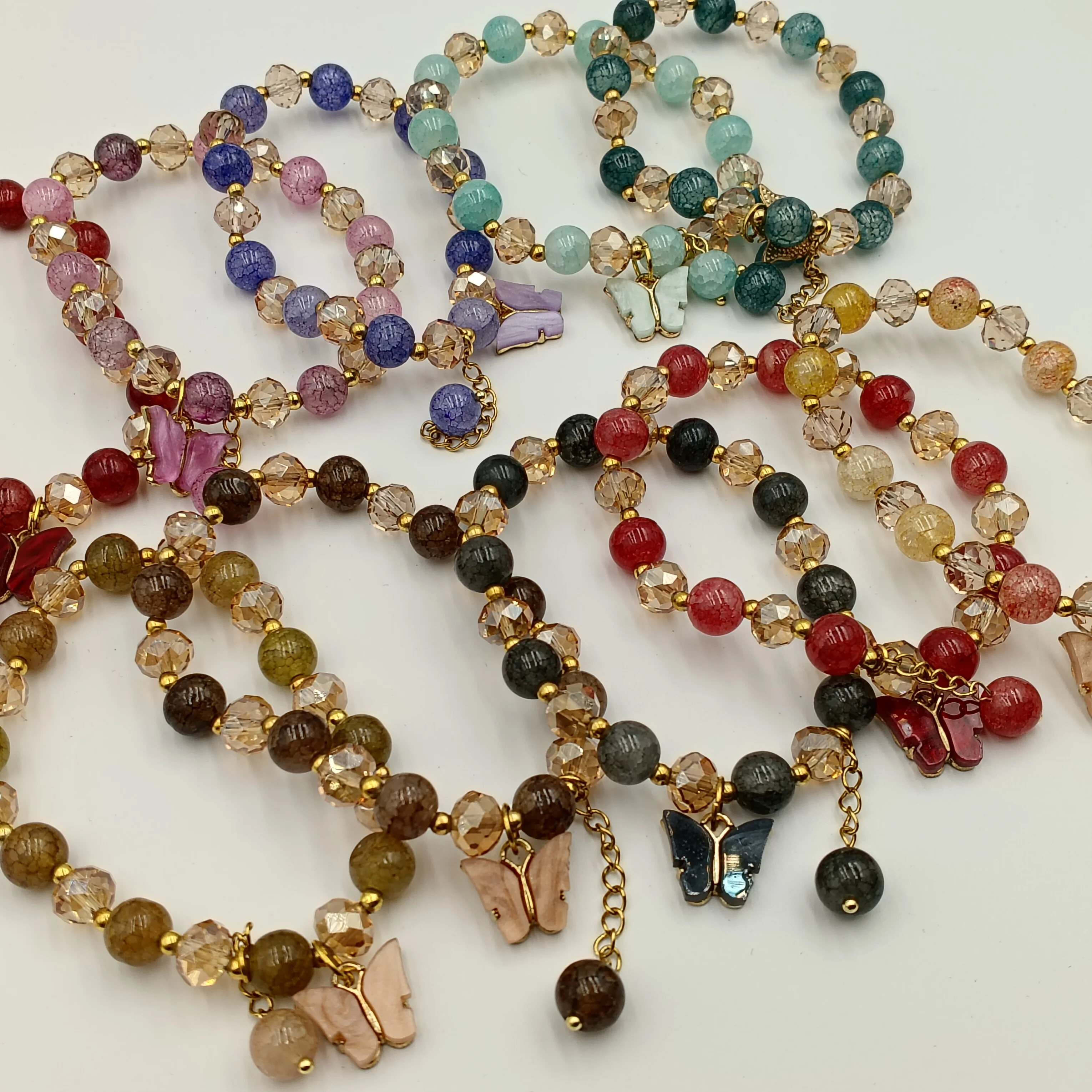 Hot-Selling Instagram 8mm/10mm Handmade Jade Glass Beads Multi-Color Can Be Customized Crystal Butterfly Pendant Bracelet
