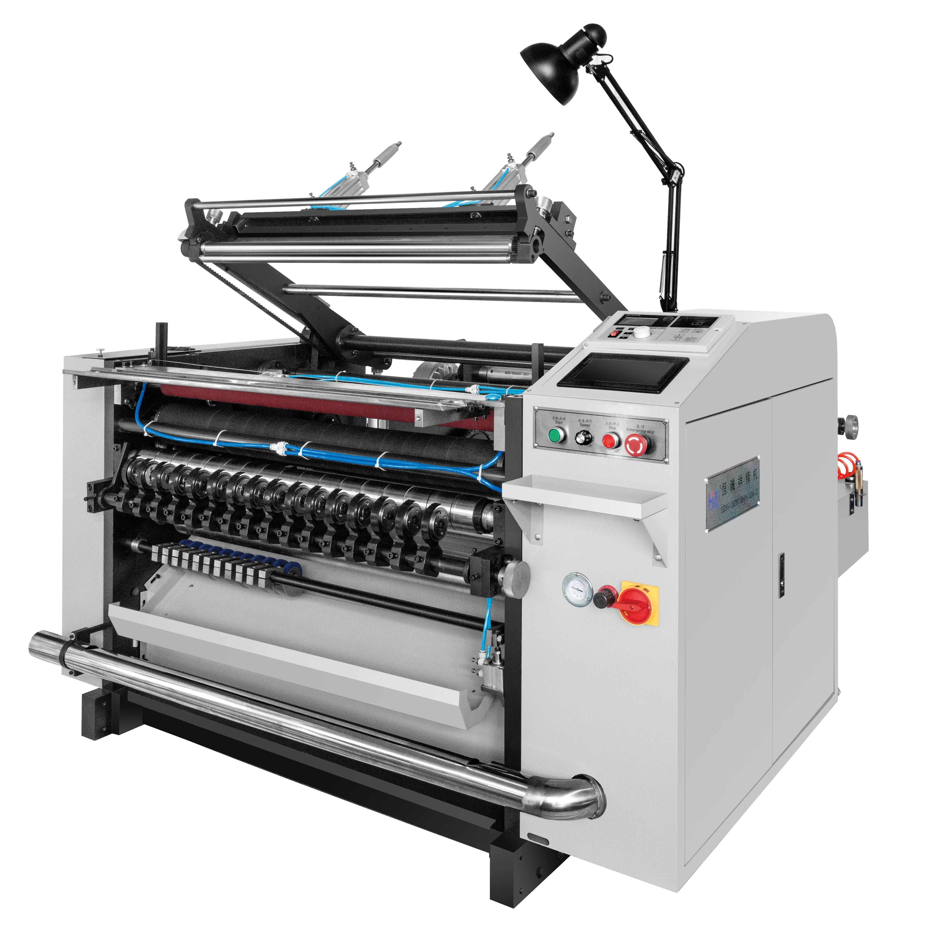 Three thermal paper slitting machine are connected to a set of thermoplastic packaging machine