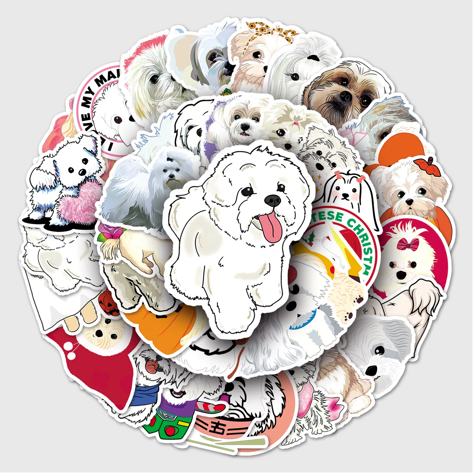 Cute Maltese Dog Stickers 50Pcs Puppy Vinyl Stickers for Kids Girls Teens Kawaii Pet Dogs Decoration Skateboard Guitar Sticker