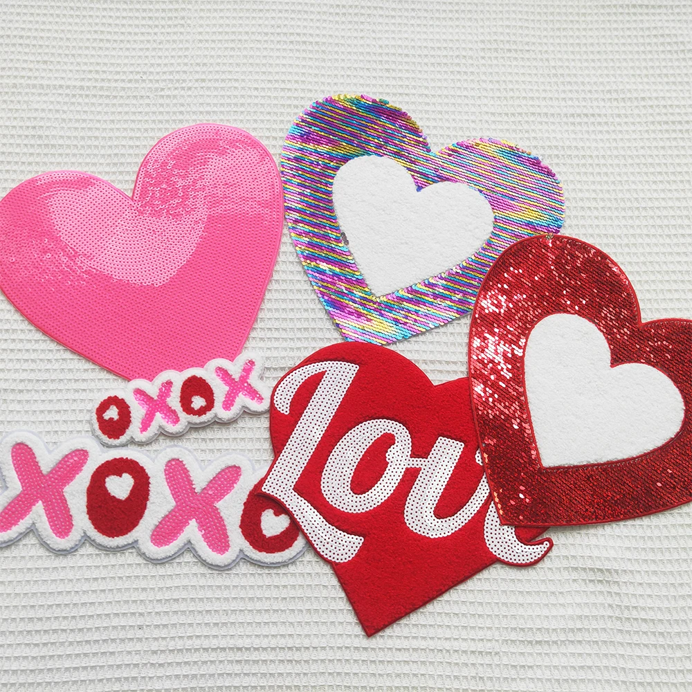 2024 new Custom Wholesale valentines XOXO love letter Glitter large Chenille sequin Embroidery iron on Patches for Clothes