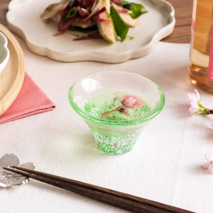 TOYO SASAKI GLASS Mt. Fuji glass green mountains and cherry blossoms. 37030
