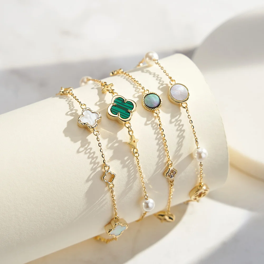 GMB65-71 RINNTIN Wholesale 14K Gold Shell pearls Bracelet Latest Girl 925 Silver Jewelry Four Leaf Clover Bracelet For Women